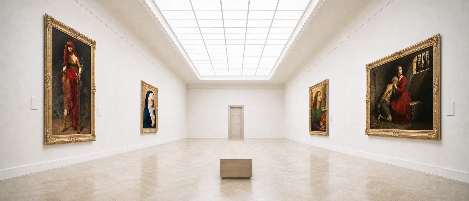 An empty museum gallery with a skylight, a bench, gilt frames on both walls and a closed door on the far wall.